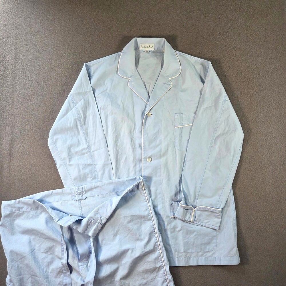 Sulka Pajama Set Mens Medium Blue Cotton Shirt & Pants Piped Made in Italy